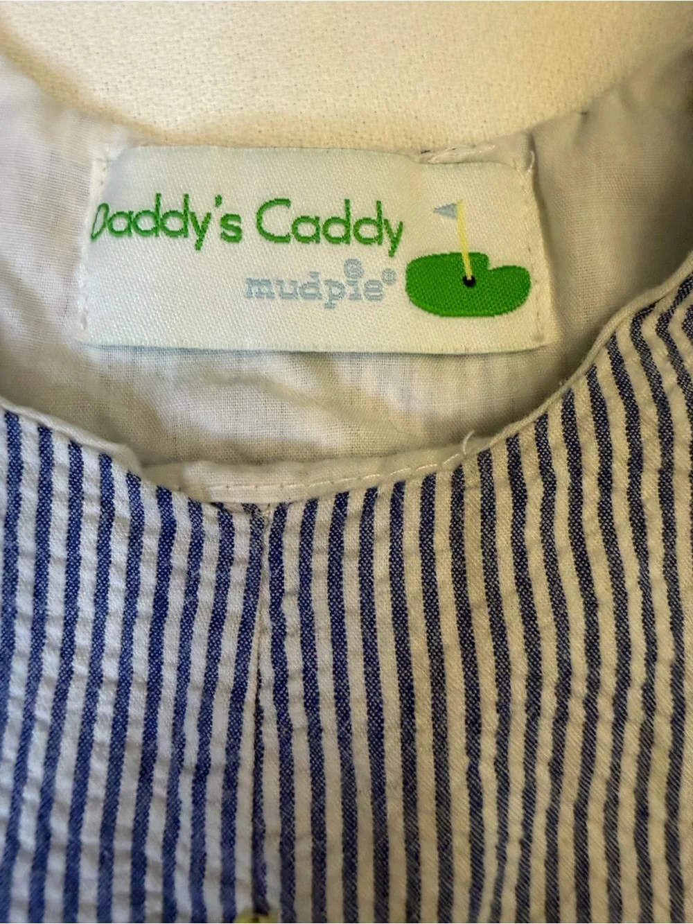 Mudpie Baby Golf Bubble Romper 0-6M Seersucker Blue Stripe Applique VGUC